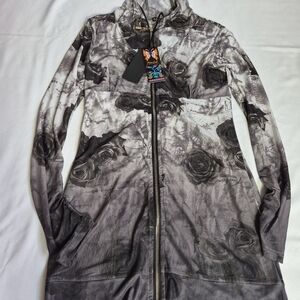 NWT Sheer Mesh hooded Mini Dress in floral Print full zip with pockets S/M